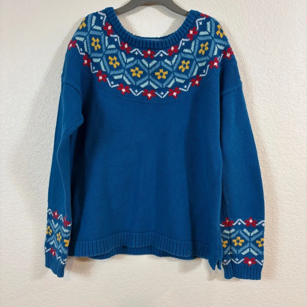 Hanna Andersson Sweater Kids 140 9-10yr Blue Fair Isle Nordic Cotton Pullover